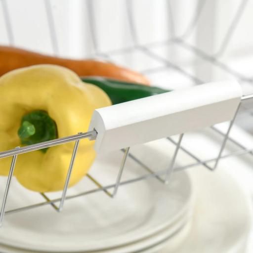 Carrito de Cocina con Ruedas Carro de Almacenamiento Multiuso con Encimera de Bambú Cajón Cesta Metálica y Armario de 2 Puertas de Persiana 58x37x85,5 cm Blanco [6]