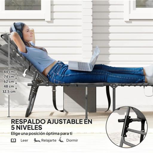 Tumbona Plegable con Respaldo Ajustable Reposacabezas Bolsillo Lateral Bandeja y Estructura de Acero 190x60x31 cm Gris [2]