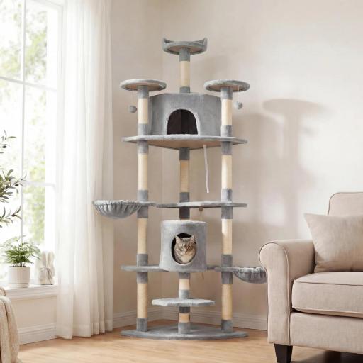 Árbol Rascador para Gatos 200 cm Torre para Gatos con 2 Cuevas 2 Hamacas Cama Postes de Sisal 60x60x200 cm Gris