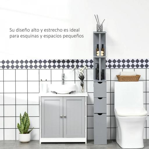 Columna de Baño Moderno Mueble Auxiliar de Baño con 2 Estantes 2 Cajones y 1 Puerta Antivuelco 15x33x136,8 cm Gris [4]