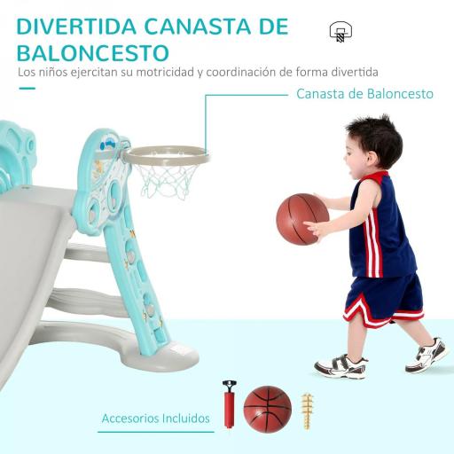 Tobogán para Niños +18 Meses Plegable 2 en 1 con Canasta de Baloncesto Modelo Jirafa Juguete Infantil para Interiores y Exteriores 140x87x75 cm Azul y Gris [3]