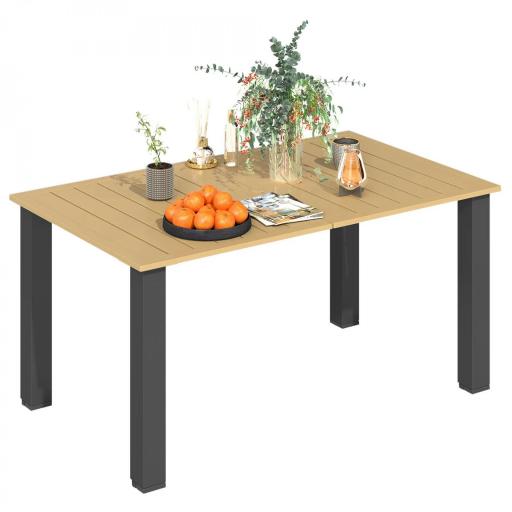 Mesa de Jardín Rectangular de Acero 150x90x73 cm para 6 Personas con Orificio para Sombrilla Diseño con Lamas Marrón [9]