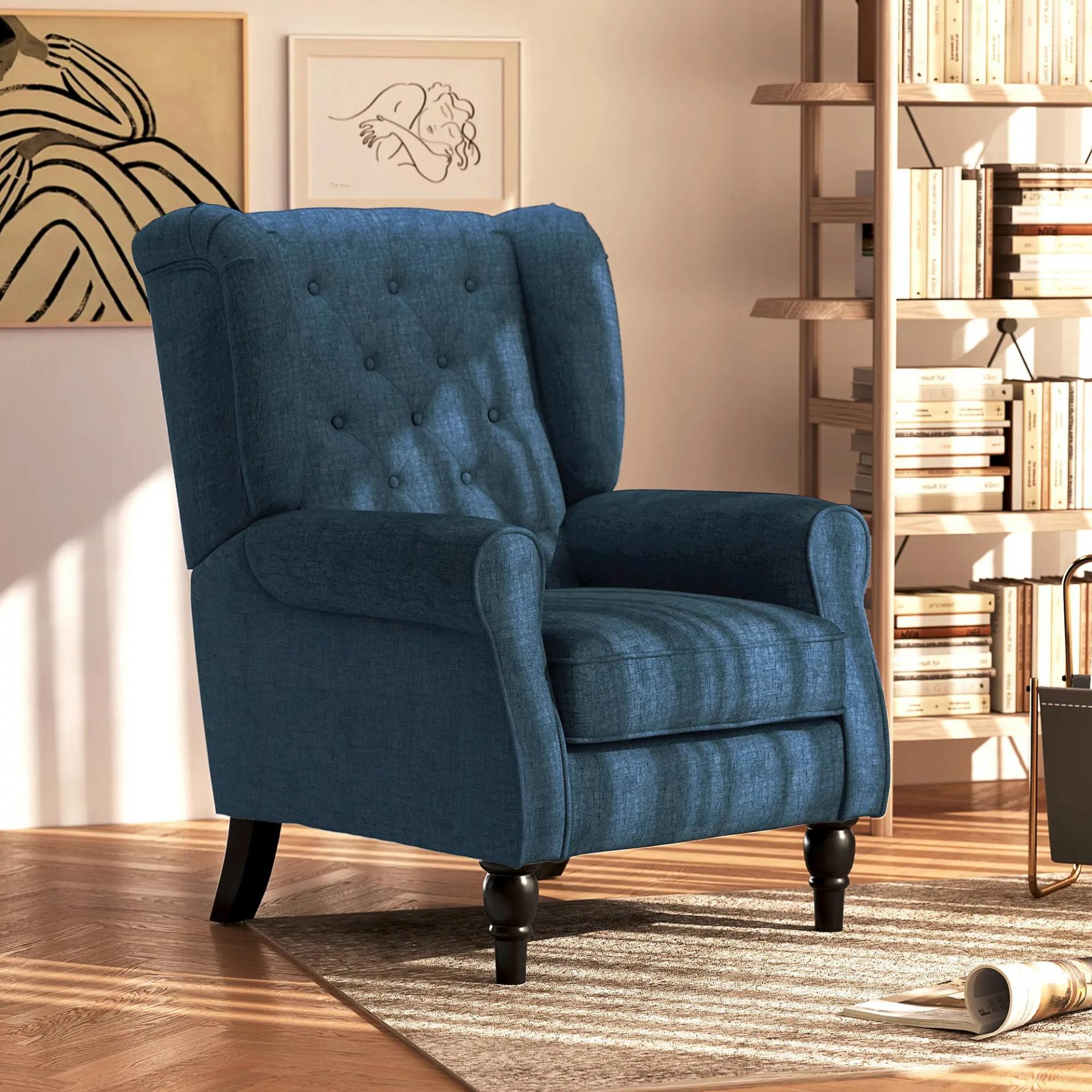 Sillón de Salón con Reposabrazos y Patas de Madera Butaca Carga 160 kg para Dormitorio Oficina Sala de Estar 74x86x102 cm Azul