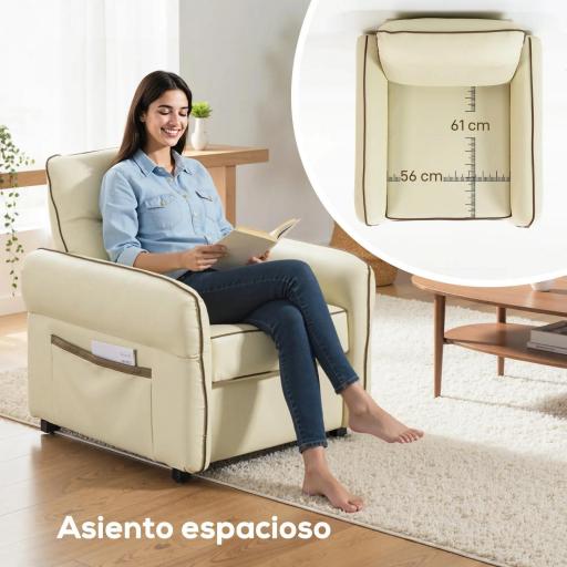 Butaca de Salón Tapizada en Cuero Sintético Sillón Relax con Reposabrazos Acolchado Grueso para Dormitorio Beige [3]