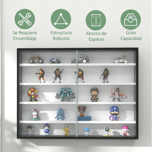 Vitrina Expositora Vitrina de Pared con Estantes Ajustables y 2 Puertas Correderas de Vidrio para Colecciones Perfumes Figuras de Decoración 80x9,5x60 cm Blanco y Negro [3]