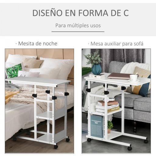 Mesa Auxiliar con Ruedas 80x40 cm Mesa para Sofá en Forma de C con Altura Ajustable 3 Niveles de 72-82 cm Marco de Metal para Salón Cocina Blanco [2]