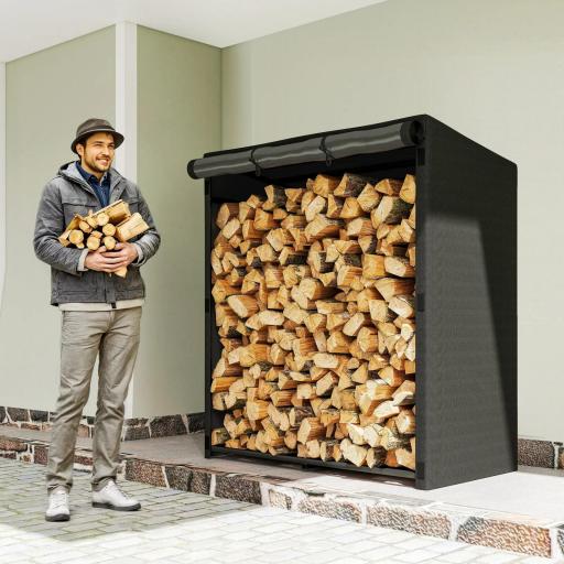 Leñero Exterior Metálico de Chimenea Soporte para Leña con Cubierta Impermeable Carga 300 kg 140x70x154 cm Negro