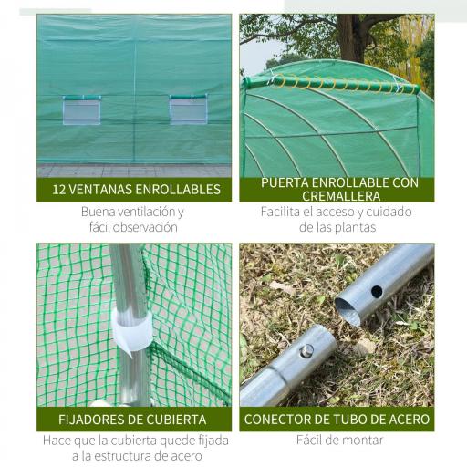 Invernadero de Túnel 8x3x2 m Invernadero de Jardín con 12 Ventanas y Puerta Enrollable Acero y PE 140 g/m² Verde [5]