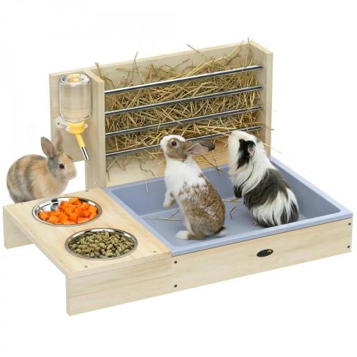 Comedero de Heno de Conejos con Bandeja Alimentador de Heno de Madera con Cuenco de Acero Inoxidable y Botella de Agua [8]