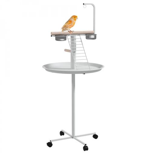 Comedero para Pájaros de Pie Ø60x138 cm con 4 Ruedas 2 Cuenco de Acero Inoxidable y 2 Perchas Blanco [8]