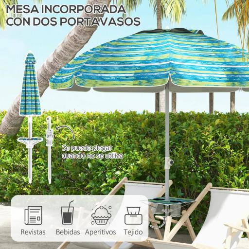 Sombrilla de Playa Ø190x215 cm con Reclinación 45° Altura Ajustable y Mesa con Portavasos Anti-UV Impermeable Multicolor [6]