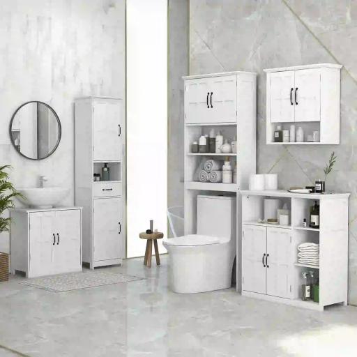 Columna de Baño con 2 Puertas 1 Cajón Estante Abierto y 2 Armarios con Estante Ajustable 40x30x164 cm Blanco [3]