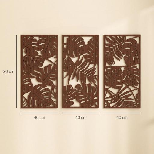Decoración de Pared de Madera 3D 3 Piezas 40x80 cm Adornos de Pared con Patrón de Hojas Tropicales Nogal [1]