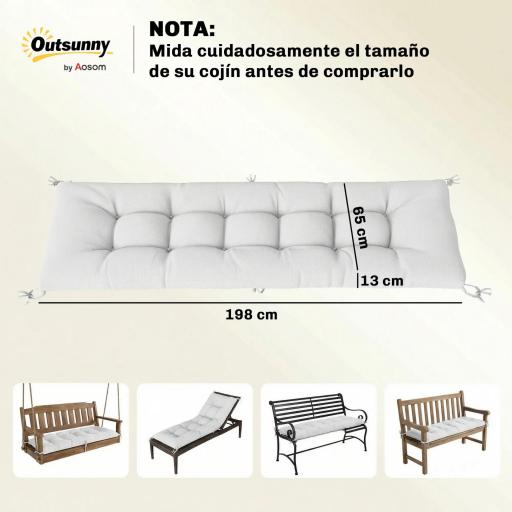 Cojín para Banco Exterior con Correas de Sujeción Protección UV50+ Rebote Lento Interior Exterior 198x65x13 cm Crema [1]