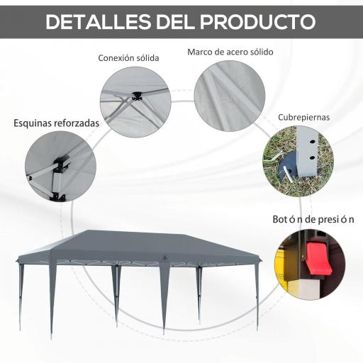 Carpa Plegable Gazebo 6x3 m con Altura Ajustable en 3 Niveles Toldo Anti-UV y Bolsa de Transporte Gris Claro [3]