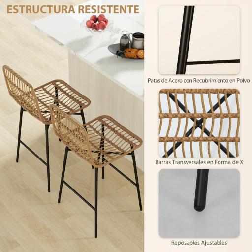 Conjunto de 2 Taburetes Altos de Cocina Taburetes de Bar con Respaldo y Asiento de Ratán para Bar Cocina Comedor Marrón [5]