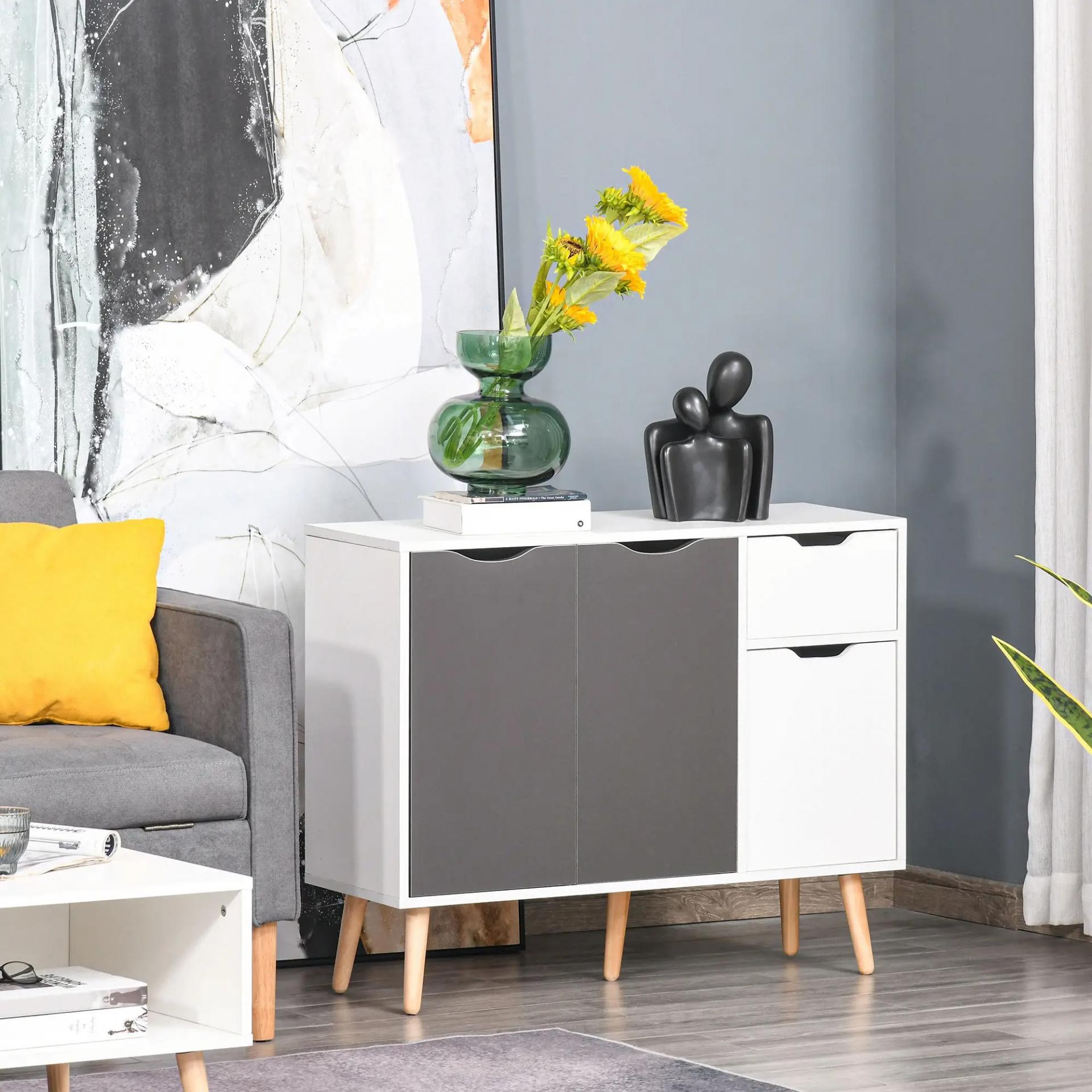 Aparador para Salón con 3 Puertas y Cajón Mueble Auxiliar para Salón Cocina Dormitorio 90x30x72 cm Blanco y Gris