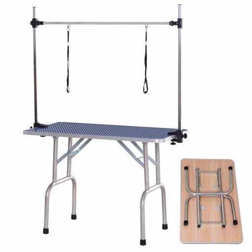 Mesa de Peluquería Canina Plegable, Mesa de Aseo con Cesta de Rejilla Metálica, Encimera Antideslizante, Barra de Acero Inoxidable Ajustable, para Perros, Gatos, 107x60x164 cm, Azul [9]