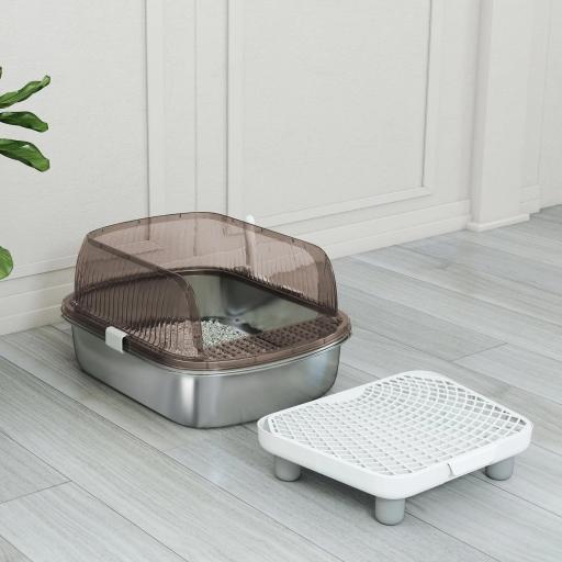 Arenero para Gatos Cubierto con Bandeja de Acero Inoxidable Bordes Altos Pala Peldaño y Zona para Caída de Arena Gris [7]