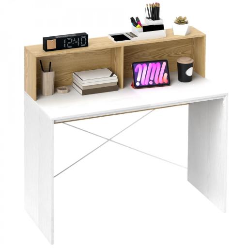 Escritorio 110x50x102,6 cm Mesa de Escritorio con 2 Compartimentos Abiertos y Estante Blanco y Madera Natural [9]