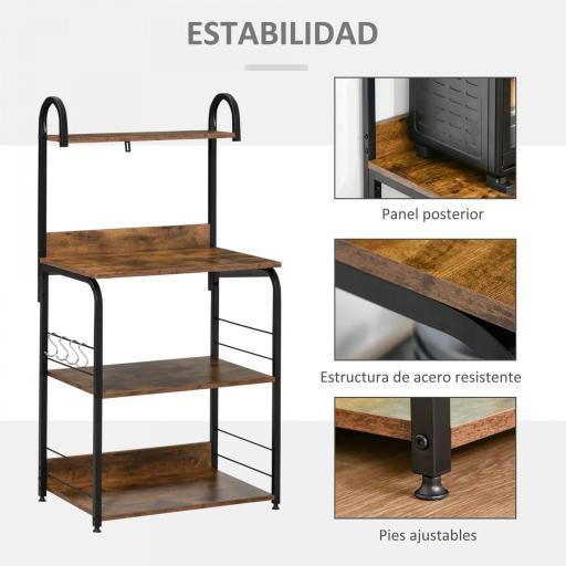 Estantería de Cocina de 4 Niveles con Ganchos Estantería para Microondas 60x40x125 cm Marrón Rústico y Negro [8]