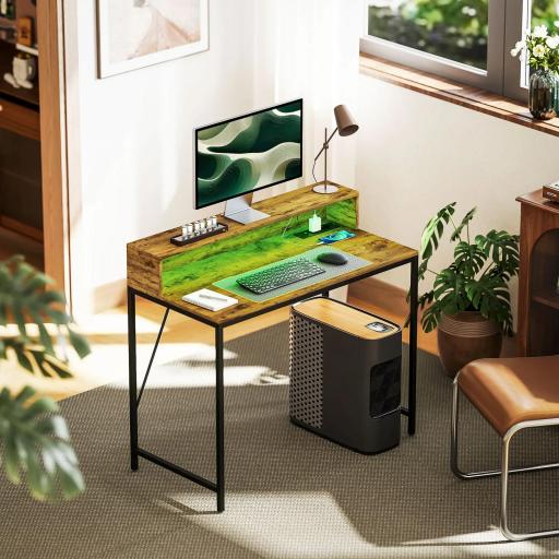 Mesa de Escritorio con Luces LED Tomas de Corriente Soporte para Monitor y Control Remoto 100x50x90,5 cm Marrón Rústico