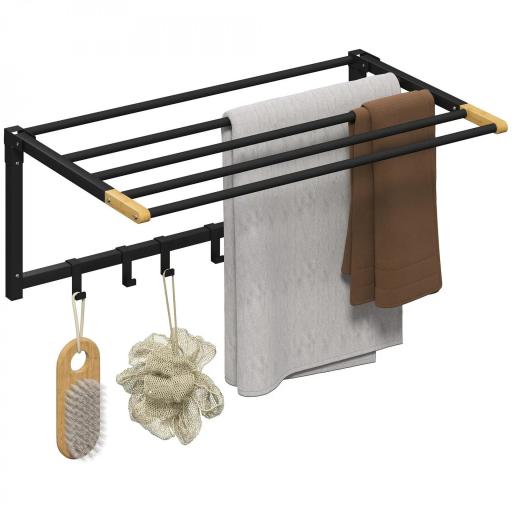 Toallero de Baño de Pared Toallero Plegable con 5 Barras y 6 Ganchos para Toallas Baño 60 cm Negro [2]