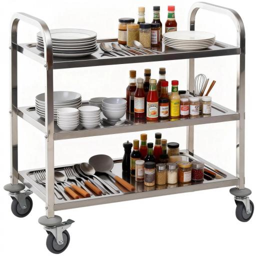 Carrito Auxiliar con Ruedas de Acero Inoxidable 90,5x50,5x88,2 cm Carrito de Cocina con Bandejas y 2 Brazos Plata [5]