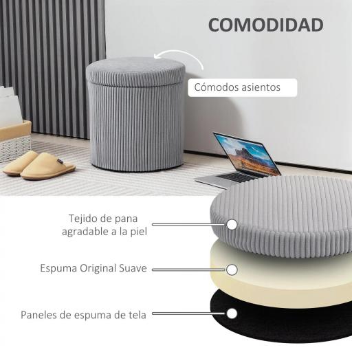 Puff con Almacenaje Redondo Tapizado en Pana con Estructura de Acero Estable y Acolchado Suave Ø40x41 cm Gris Claro [3]