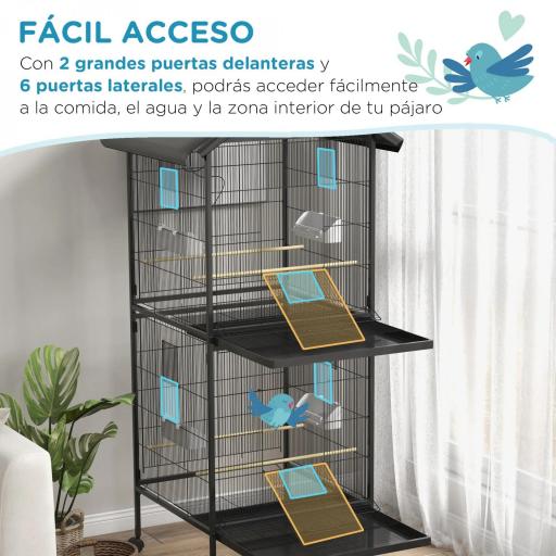 Jaula para Pájaros Grande de 2 Pisos Convertible en Sola Jaula con Ruedas Comederos 4 Perchas 78x75x168 cm Negro [5]