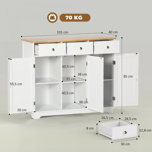 Aparador de Cocina Mueble Auxiliar de Almacenaje para Comedor Salón Estilo Moderno Antivuelco 101x40x85 cm Blanco [1]