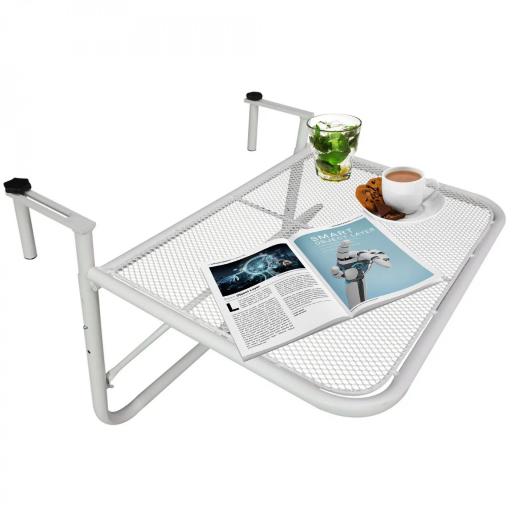 Mesa Colgante de Balcón con Brazo Regulable y Altura Ajustable en 3 Posiciones Marco Metálico 60x56x50 cm Blanco [8]
