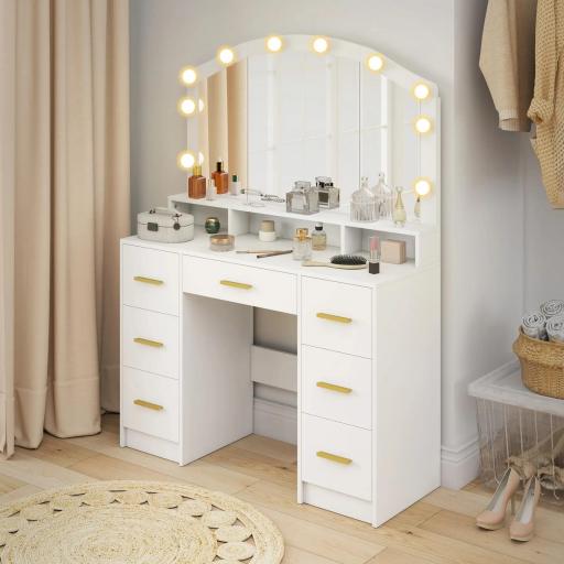 Tocador de Maquillaje con Luces LED de 3 Colores Tocador con Espejo 7 Cajones y 3 Compartimentos Blanco [7]