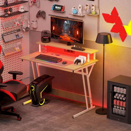 Escritorio Gaming con Luces LED 100x60 cm omas de Corriente Soporte para Monitor Estantes y Control Remoto Natural [6]