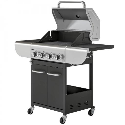 Barbacoa de Gas con 4 Quemadores 12,8 kW Termómetro Parrillas de Hierro Fundido Mesas Laterales Armario y Ruedas Negro [9]