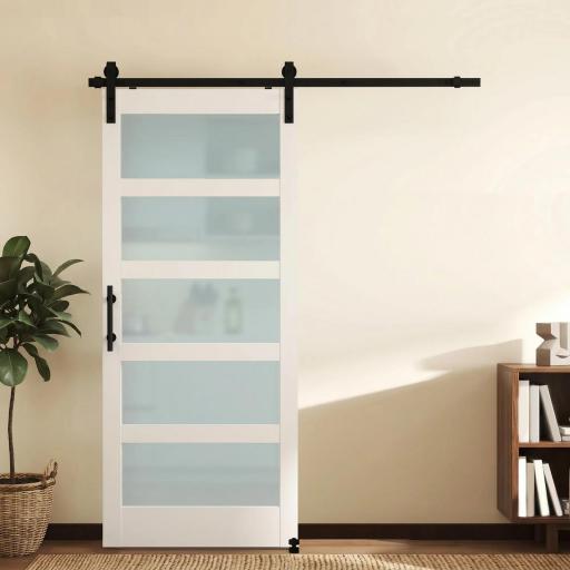 Puerta Corredera Interior 91x213 cm con Kit de Montaje, MDF y Vidrio Esmerilado, Riel y Herrajes, Blanco [3]
