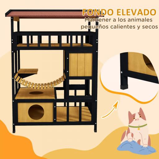 Casa para Gatos de 4 Niveles 84x60x116 cm Refugio para Gatos con Puente Colgante Balcón y Techo Asfáltico Natural [5]