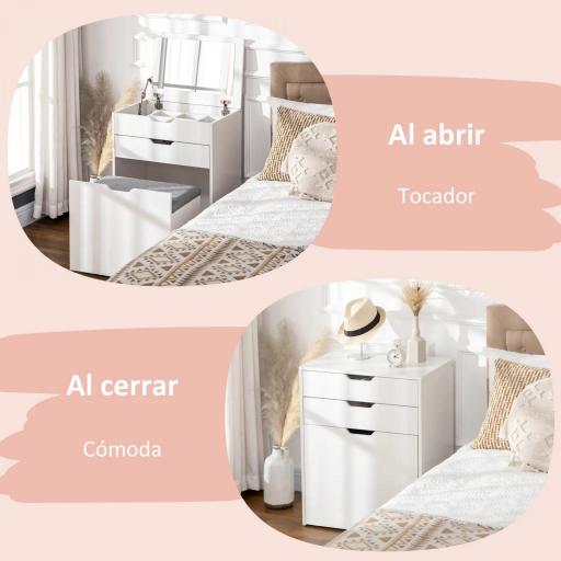 Tocador de Maquillaje con Taburete Oculto Espejo Abatible Cajón y 7 Compartimentos Taburete con Almacenamiento Blanco [3]
