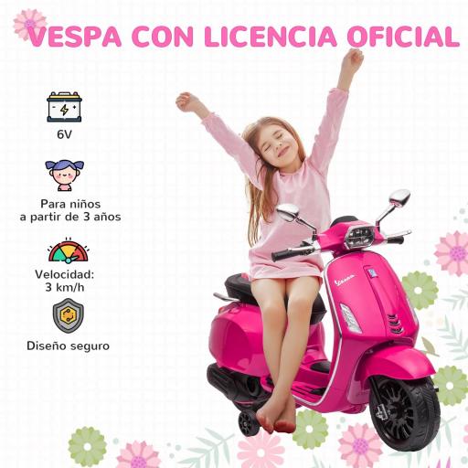 Moto Eléctrica para Niños de +3 Años con Licencia Vespa con USB MP3 Luz LED Radio FM Velocidad 3 km/h Carga 35kg Rosa [4]