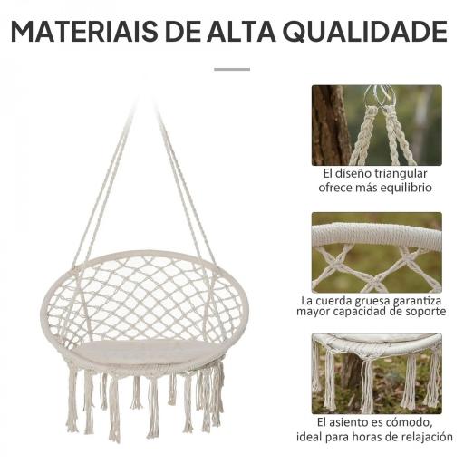 Silla Colgante Redondo de Ø60 cm Silla Hamaca Columpio con Cojín y Cuerda de Algodón para Interior y Exterior Carga 120 kg 80x80x42 cm Beige [4]