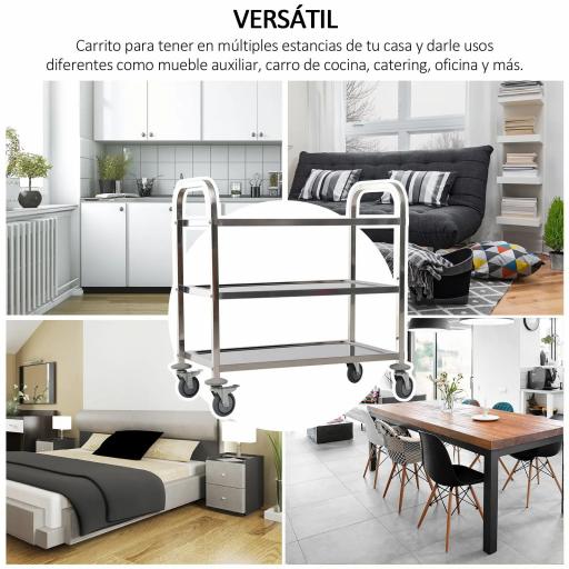 Carrito Auxiliar con Ruedas de Acero Inoxidable 90,5x50,5x88,2 cm Carrito de Cocina con Bandejas y 2 Brazos Plata [7]