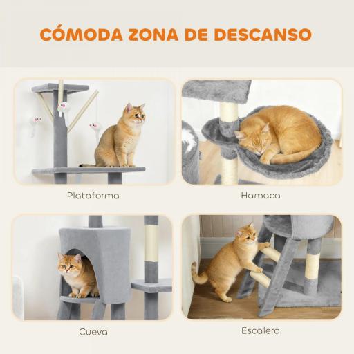 Árbol Rascador para Gatos Altura 134 cm con 6 Postes 3 Plataformas Cueva Hamaca Escalera 4 Juguetes Colgantes Gris [5]