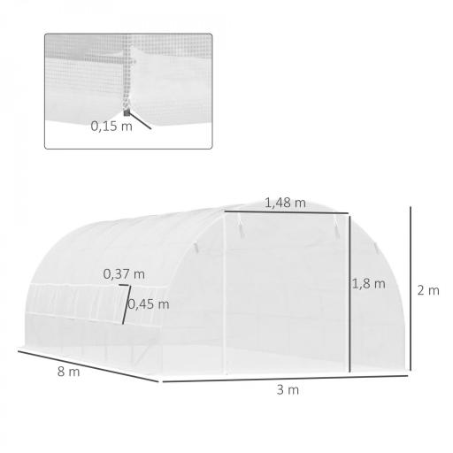 Invernadero de Exterior Invernadero de Túnel 8x3x2 m Invernadero de Jardín con 12 Ventanas y Puerta Enrollable para Cultivo Plantas Tomates Verduras Acero y PE 140 g/m² Blanco [1]