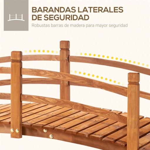 Puente de Arco de Madera 185x72x58 cm con Pasamanos Puente de Jardín para Decoración Patio Carga 200 kg Natural [3]
