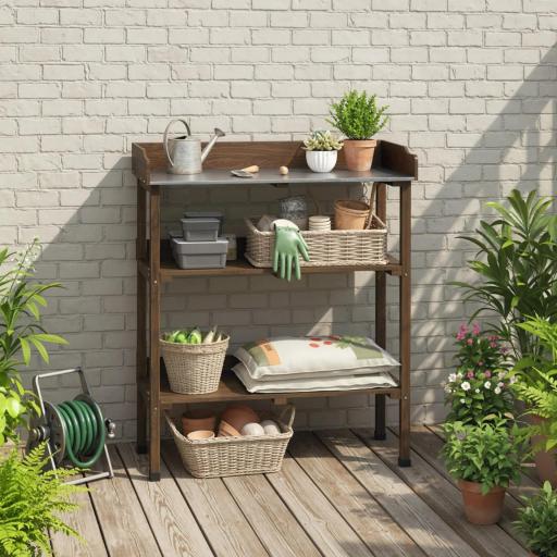 Mesa de Jardinería de Madera con Superficie Metálica Estantes y Ganchos para Jardín Terraza 76x37x89 cm Carbonizado [6]