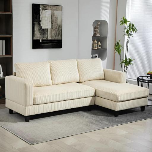 Sofá Chaise Longue de 3 Plazas en Forma de L Tapizado en Pana Asiento y Respaldo Acolchados 214x134x87 cm Beige