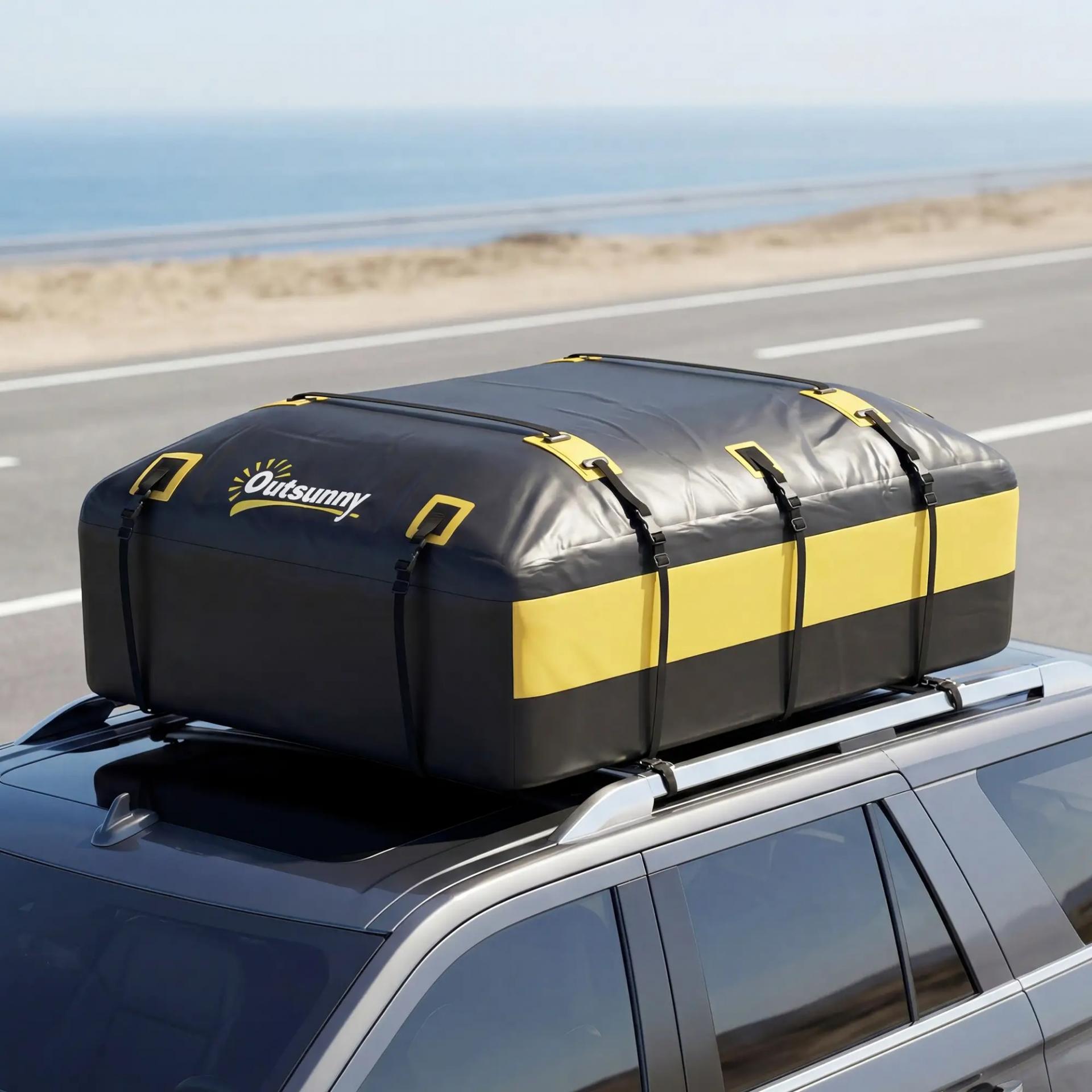 Bolsa de Techo para Coche 594L Impermeable con 6 Correas Alfombrilla Antideslizante Ganchos para Vehículos Amarillo