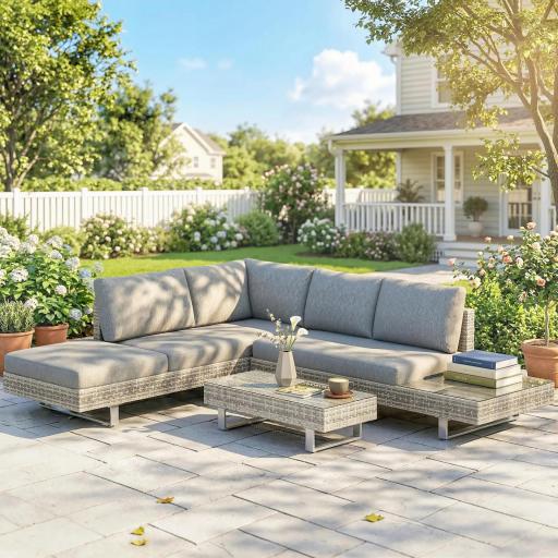 Conjunto de Jardín Exterior de Ratán de 3 Piezas con Sofá Modular de 3 y 2 Plazas Mesa Lateral Mesa de Centro Cojines [0]