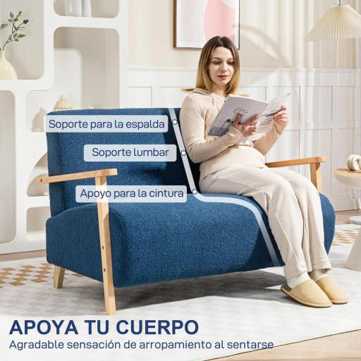 Sofá de 2 Plazas Tapizado en Borreguito 118 cm con Acolchado Grueso Reposabrazos y Patas de Madera Azul Oscuro [5]