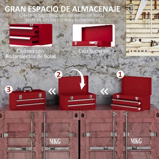 Caja de Herramientas de Acero con 2 Cajones Bandeja Tapa Abatible Cierres Metálicos y Asa 46x24x22 cm Rojo [8]